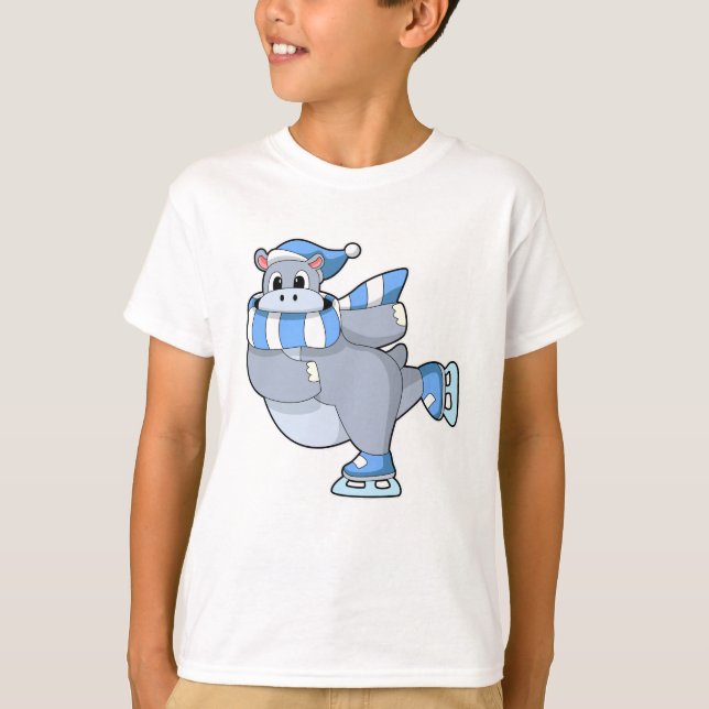 Hippo at Ice skating with Ice skates T-Shirt (Front)