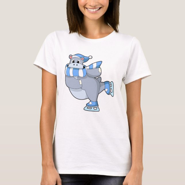 Hippo at Ice skating with Ice skates T-Shirt (Front)