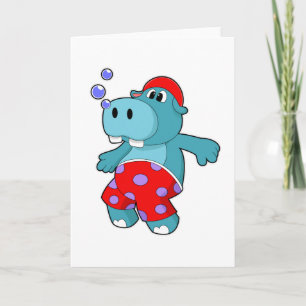 Hippo at Swimming with Swimming trunks Card
