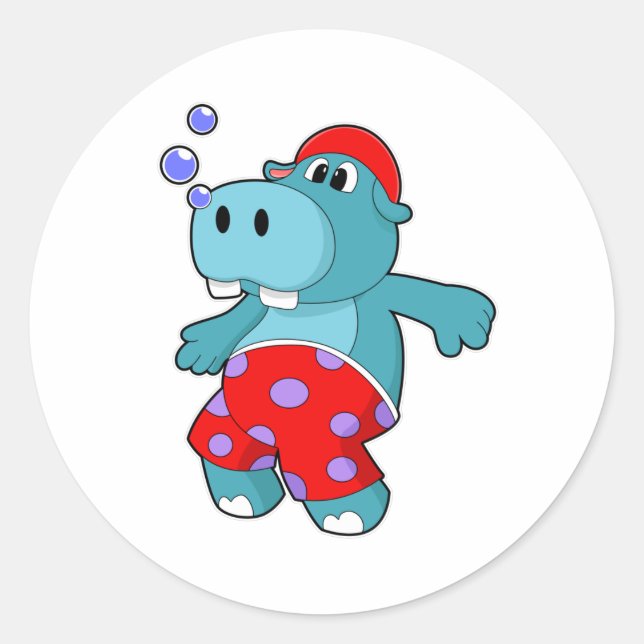 Hippo at Swimming with Swimming trunks Classic Round Sticker (Front)