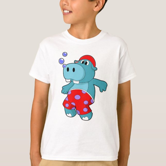 Hippo at Swimming with Swimming trunks T-Shirt (Front)