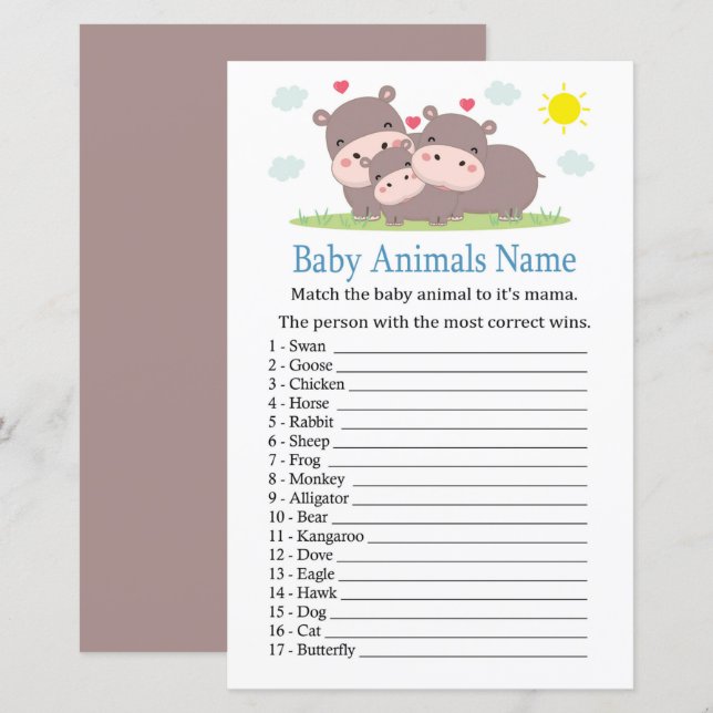 Hippo Baby Animals Name Game (Front/Back)