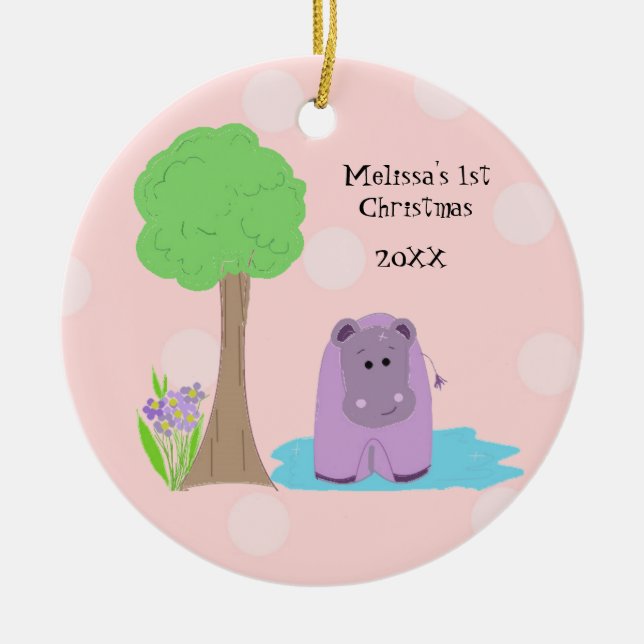 Hippo Baby First Christmas Ceramic Ornament (Front)
