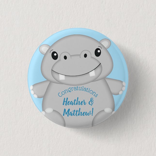 Hippo Baby Shower Blue 1 Inch Round Button (Front)