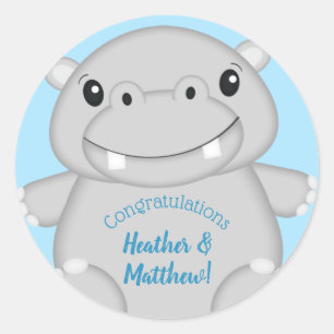 Hippo Baby Shower Blue Classic Round Sticker