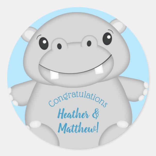 Hippo Baby Shower Blue Classic Round Sticker (Front)