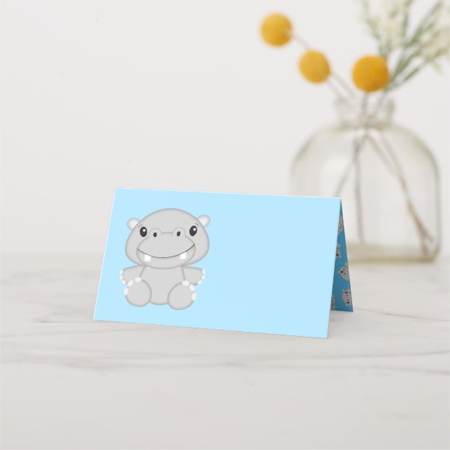 Hippo Baby Shower Blue Place Card (Front)