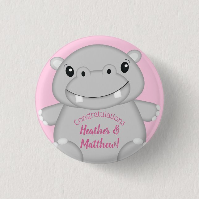 Hippo Baby Shower Pink 1 Inch Round Button (Front)