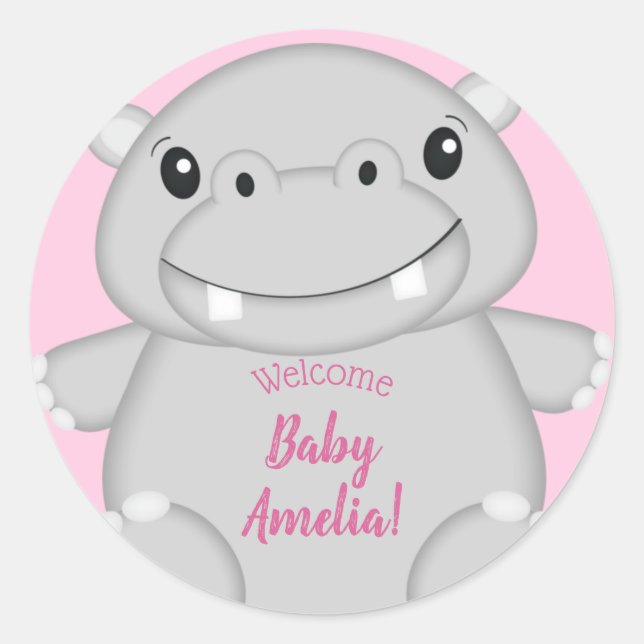 Hippo Baby Shower Pink Classic Round Sticker (Front)