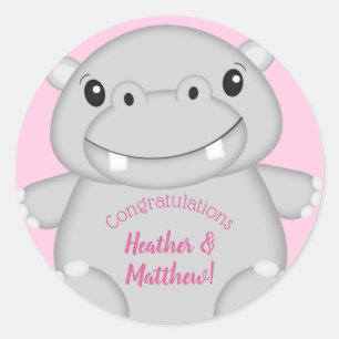 Hippo Baby Shower Pink Classic Round Sticker