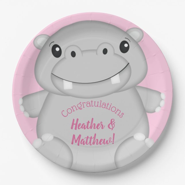 Hippo Baby Shower Pink Paper Plate (Front)