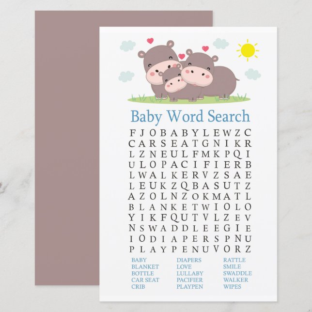 Hippo Baby Shower Word Search Game (Front/Back)