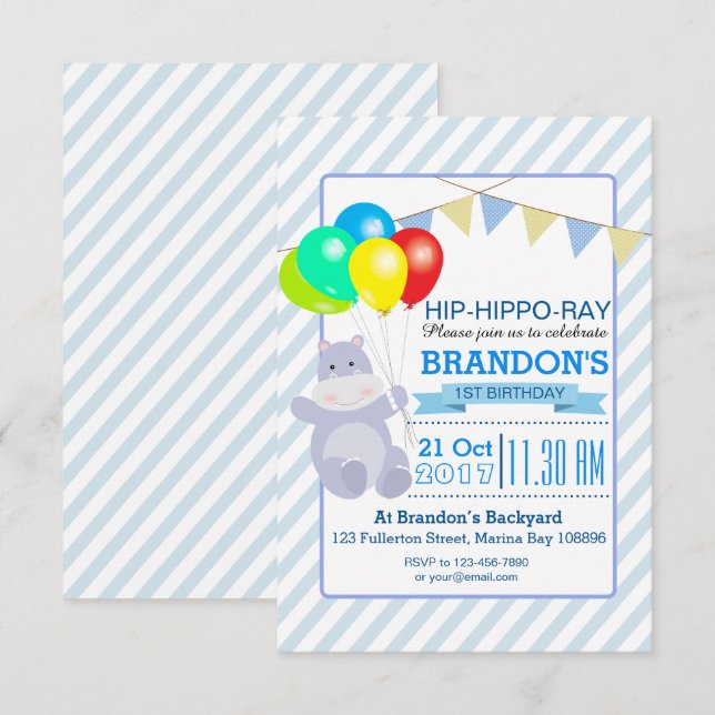 Hippo Balloons Adventure 1st Birthday Bash Invitation (Front/Back)