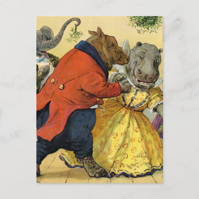 Hippo & Bear at the Christmas Ball in Animal Land Holiday Postcard (Front)