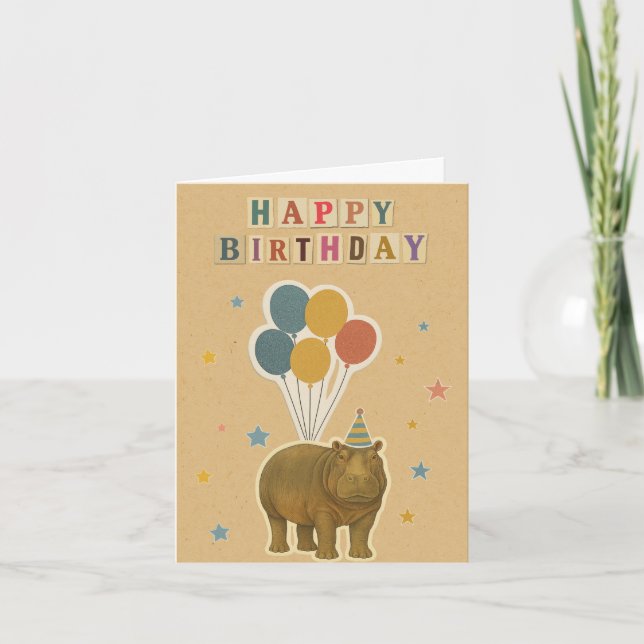 Hippo Birthday Card – Jungle Animal with Balloons (Front)