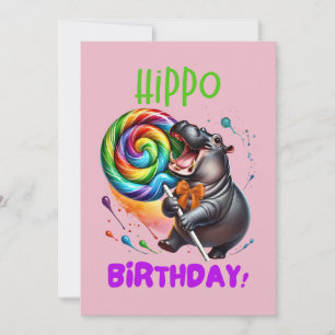 Hippo Birthday Cheerful, Colorful Candy Swirl   Invitation