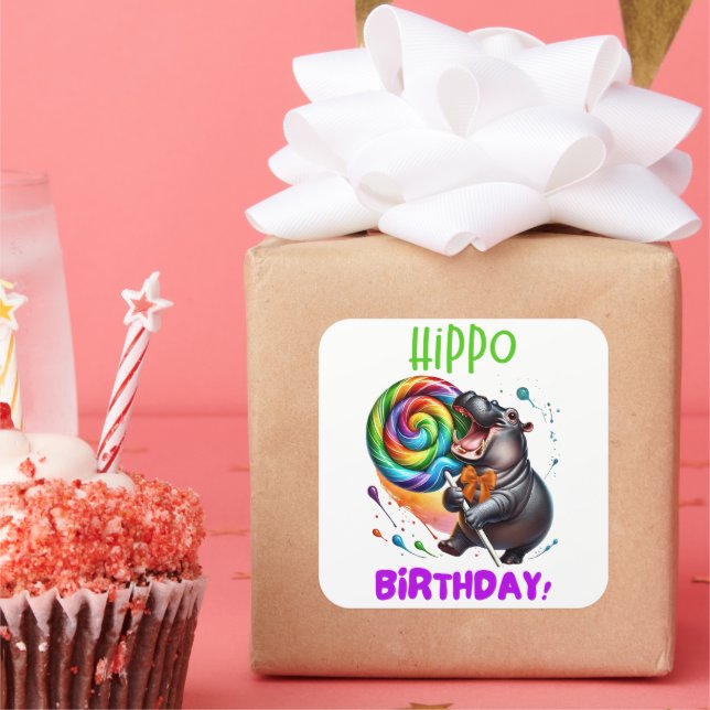 Hippo Birthday Cheerful, Colorful Candy Swirl | Square Sticker (Party)