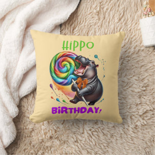 Hippo Birthday Cheerful, Colorful Candy Swirl Throw Pillow