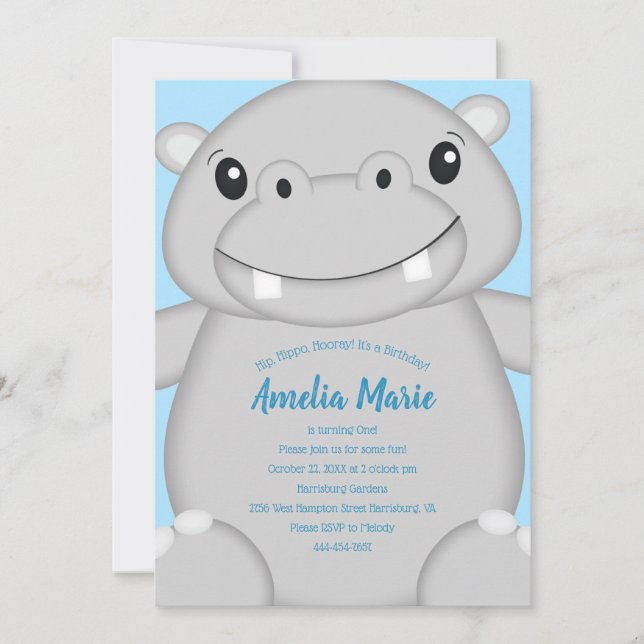 Hippo Birthday Party Blue Invitation (Front)