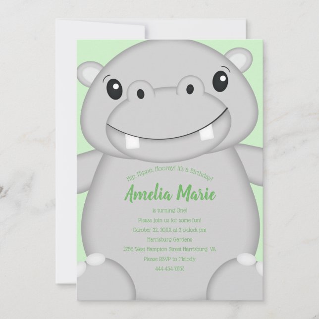 Hippo Birthday Party Green Invitation (Front)