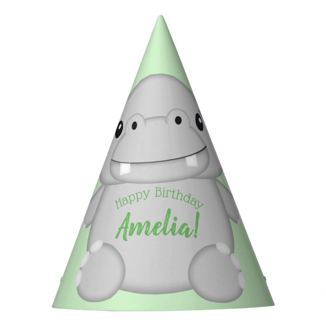Hippo Birthday Party Green Party Hat (Front)