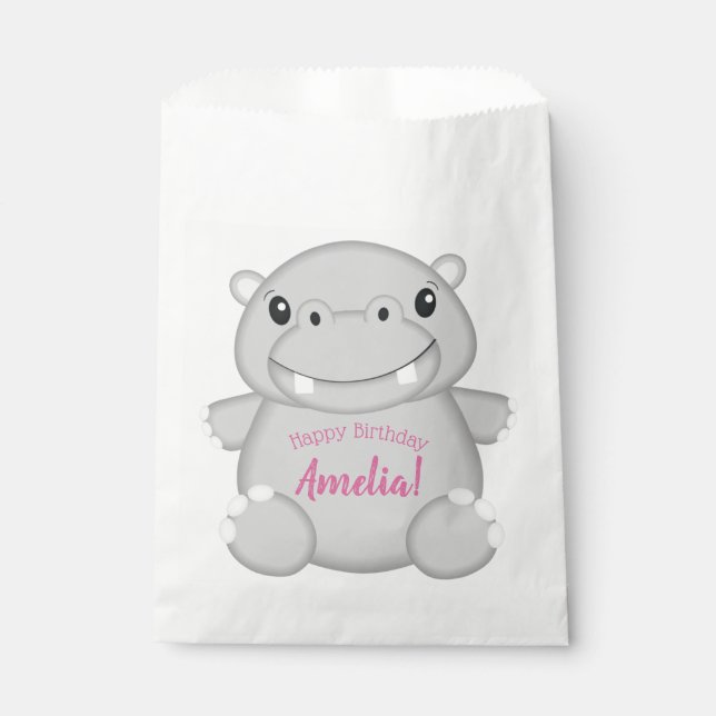 Hippo Birthday Party Pink Favour Bag (Front)