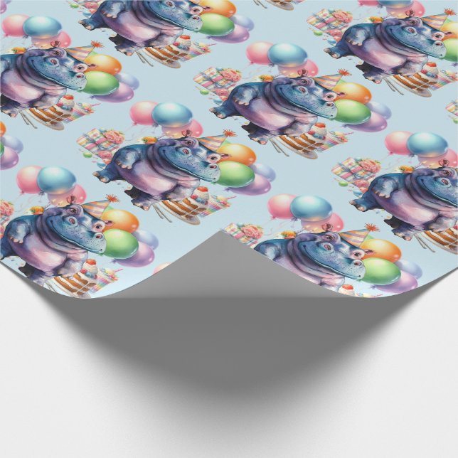 Hippo Birthday Party with cake Wrapping Paper (Corner)