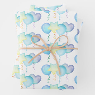 Hippo Birthday soft blue balloon gift  Wrapping Paper Sheet