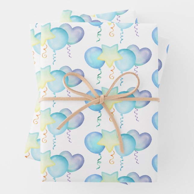 Hippo Birthday soft blue balloon gift  Wrapping Paper Sheet (In situ)