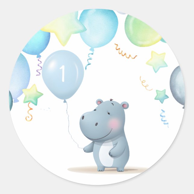 Hippo Birthday soft blue  Classic Round Sticker (Front)