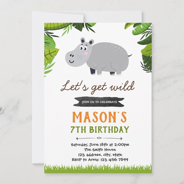 Hippo birthday theme party invitation (Front)