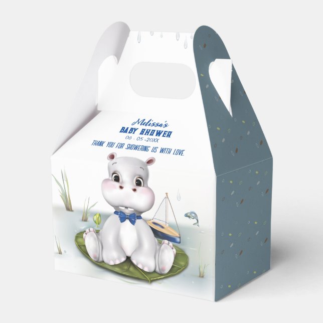 Hippo Blue Baby Shower Favor Box (Front Side)
