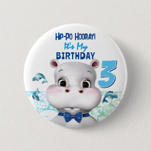 Hippo Blue Fish Boy Birthday 2 Inch Round Button