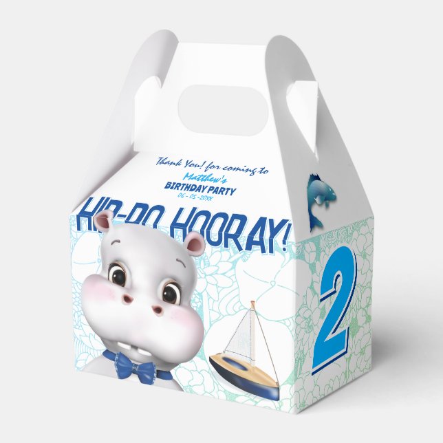 Hippo Blue Fish Boy Birthday Favor Box (Front Side)