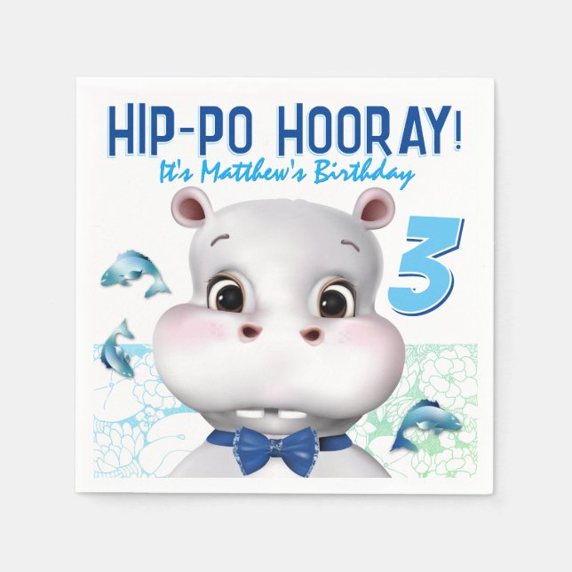 Hippo Blue Fish Boy Birthday Napkin (Front)