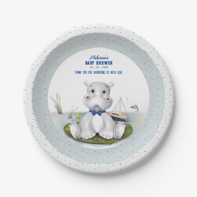 Hippo Boy Baby Shower Paper Plate (Front)
