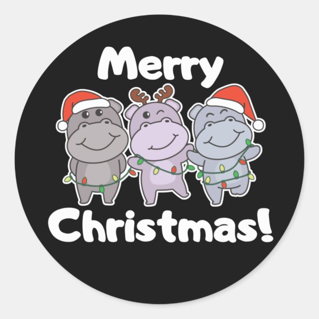 Hippo Christmas Animals Cute Hippos Merry Classic  Round Sticker (Front)