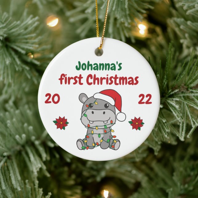 Hippo Christmas Babys first Christmas Ceramic Ornament (Tree)