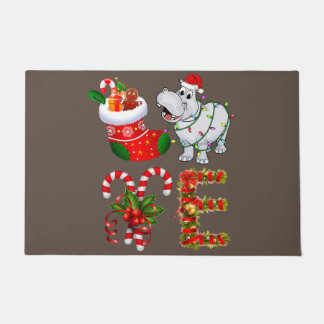 Hippo Christmas Lights Funny Santa Hat Christmas  Doormat