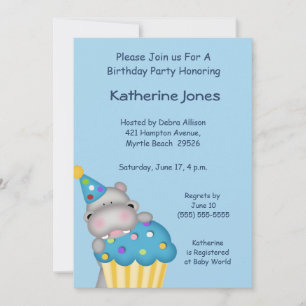 Hippo Cupcake Birthday  Invitation