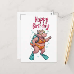 Hippo diver underwater Happy Birthday Postcard