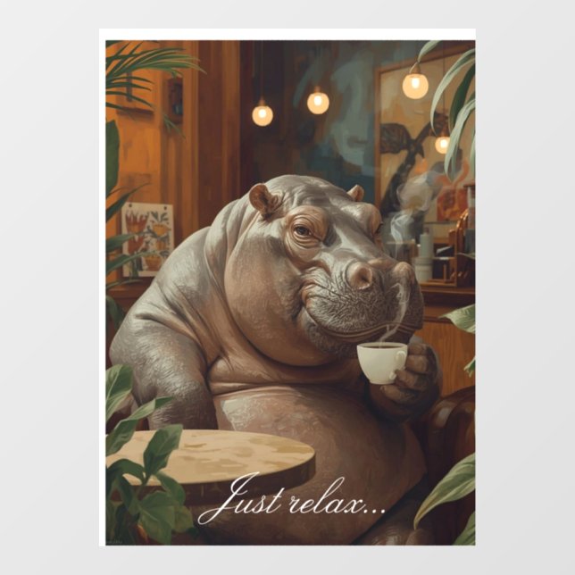 Hippo drinks coffee. Surreal style Window Cling (Sheet)