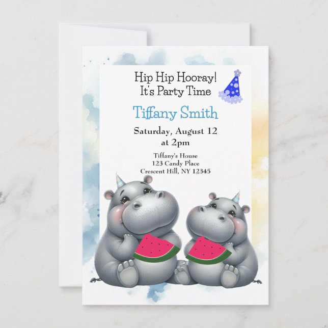 Hippo fête d'anniversaire Watermelon Invitation (Devant)