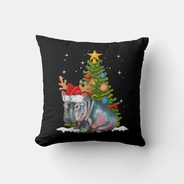 Hippo Fiona Christmas Tree Hippopotamus Throw Pillow (Front)