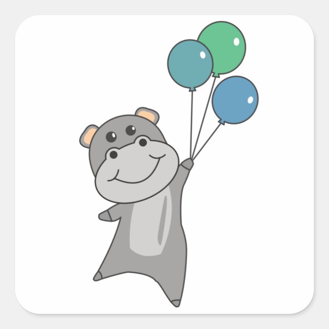 Hippo Flies With Balloons Sweet Animals For Square Sticker (Front)