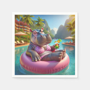 Hippo Floating In A Pool With Cocktail Drink Napkin