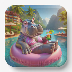 Hippo Floating In A Pool With Cocktail Drink Paper Plate