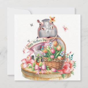 Hippo Happy Mother's Day with flower basket Holiday Card