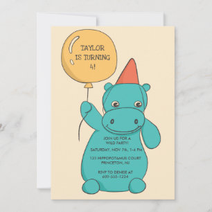 Hippo Hippopotamus with Balloon Birthday Party Invitation