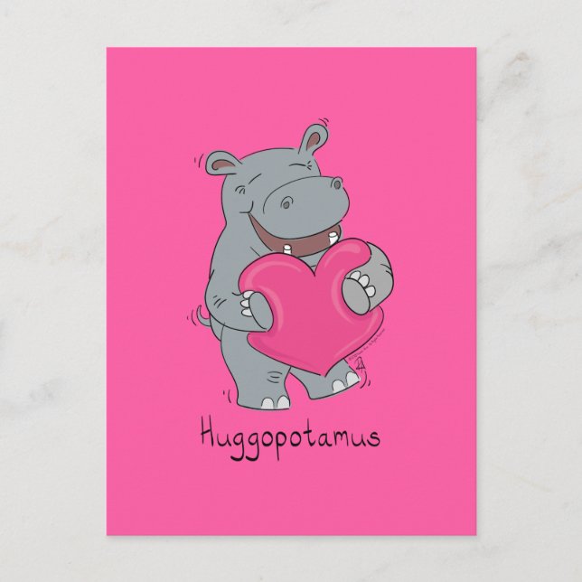 Hippo Hugs Valentine’s Day Postcard Pink (Front)